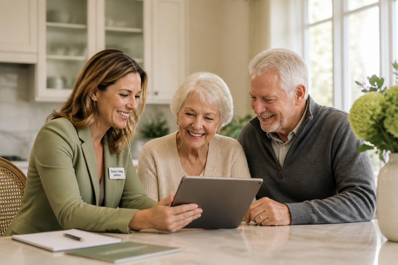 Senior living advisor consulting with an elderly couple at home